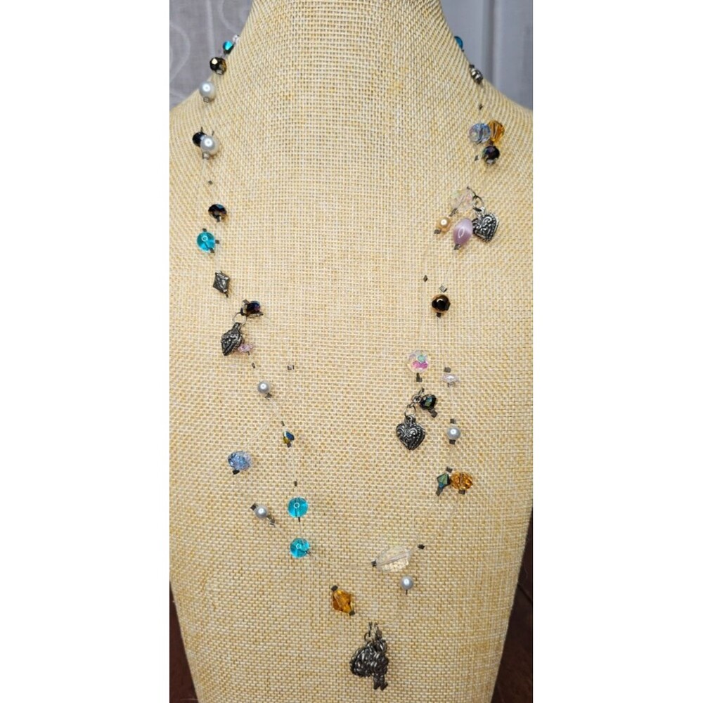Double Strand Glass Bead Station Necklace With Silver Heart Charms 28" Handmade